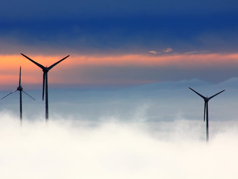 Drei Windmühlen stehen im Nebel.