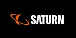Saturn Logo weiße Schrift mit orangenem Saturn-Symbol auf schwarzem Hintergrund
