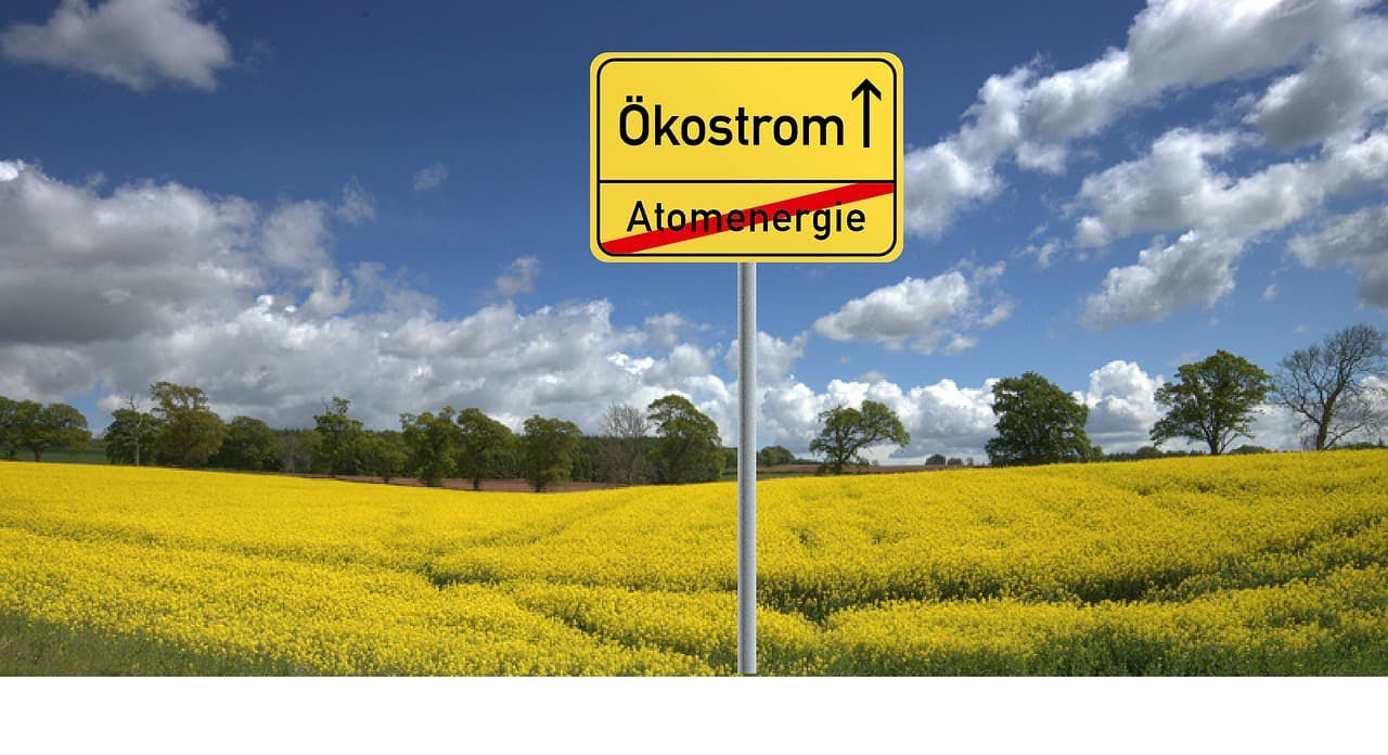 SimplyGreen_Ökostrom Ortsausgangsschild: Raus aus der Atomenergie, ab Richtung Ökostrom