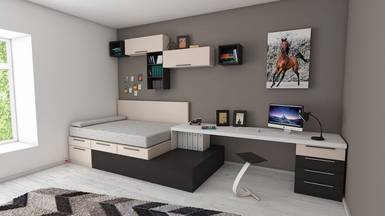 goodform_Zimmereinrichtung Modernes Bett, Schreibtisch und Regale