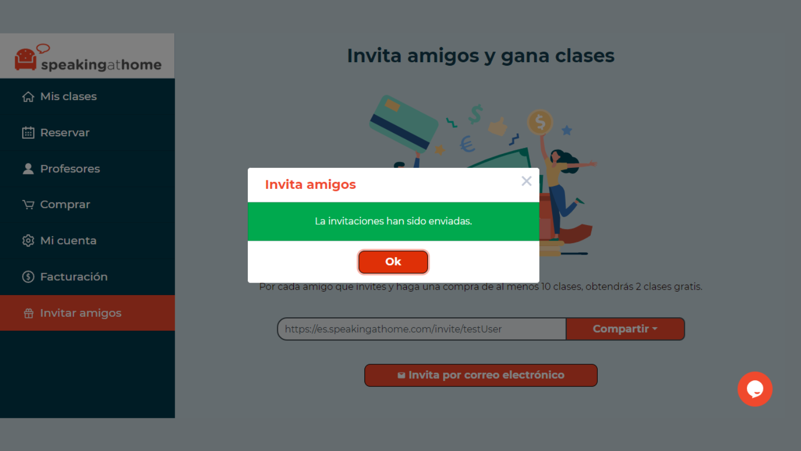 Mensaje informando que se han enviado los correos para invitar a amigos desde Speakingathome