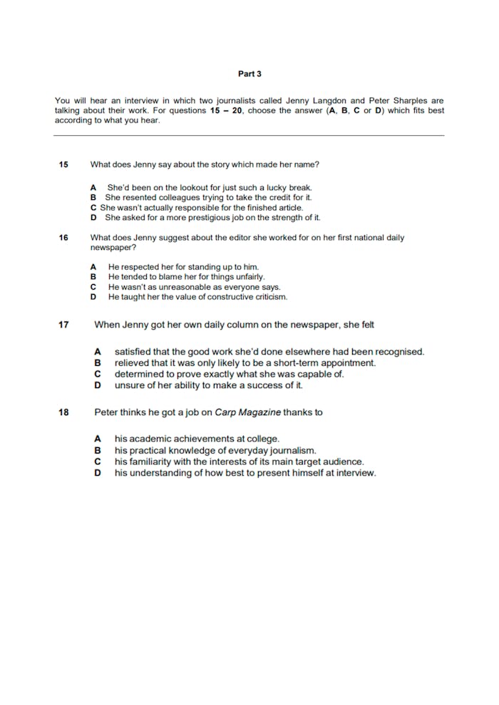 Modelo del examen y su sección de Listening parte 3 