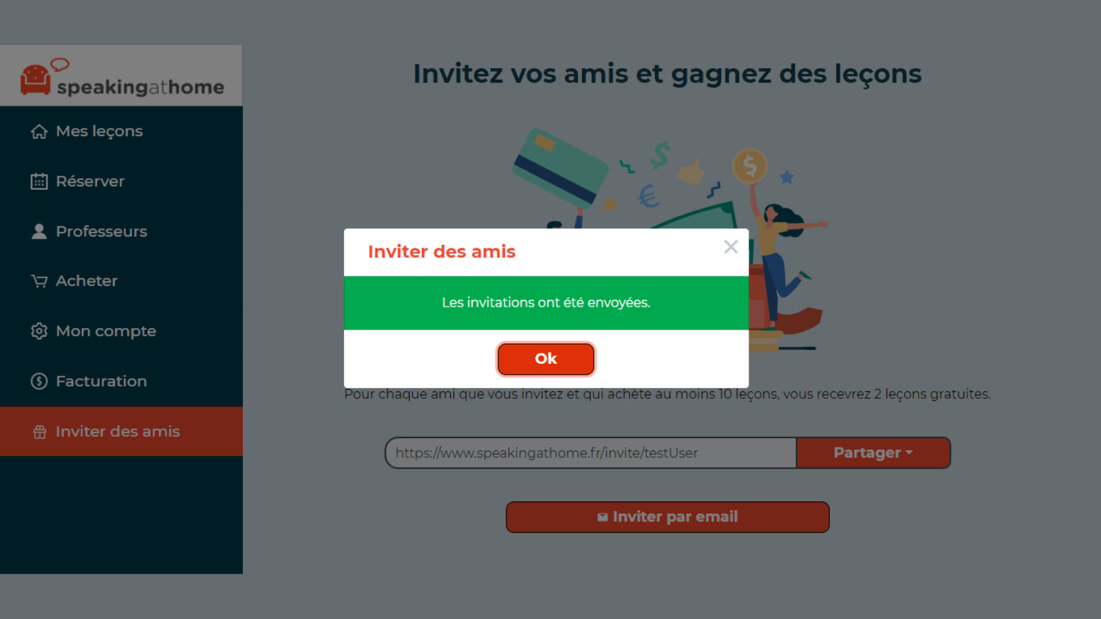 Message informant que des e-mails ont été envoyés pour inviter des amis de Speakingathome