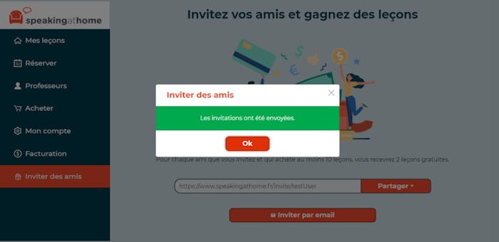 Message informant que des e-mails ont été envoyés pour inviter des amis de Speakingathome