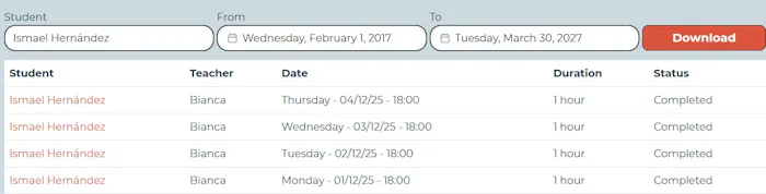 Table of completed or pending employee classes