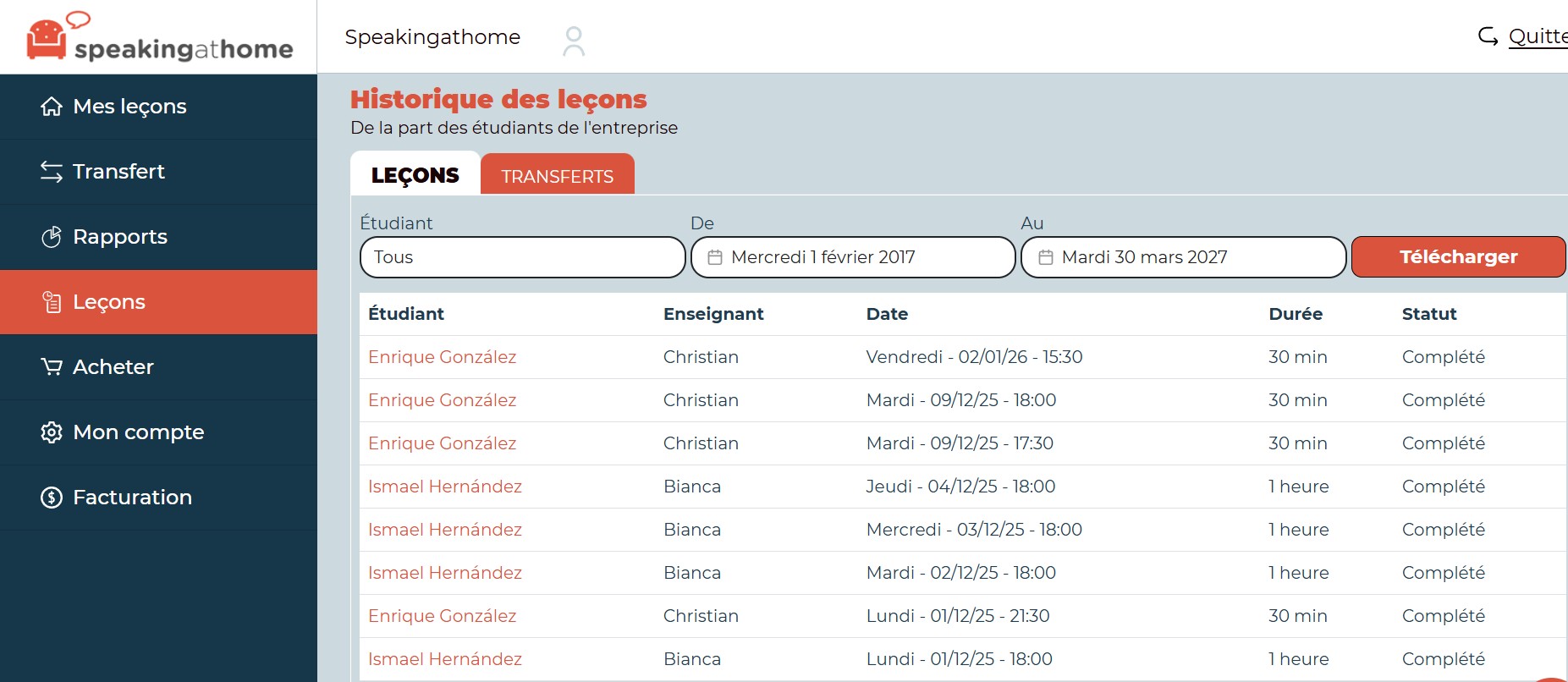 Tableau des cours terminés ou en attente des employés.