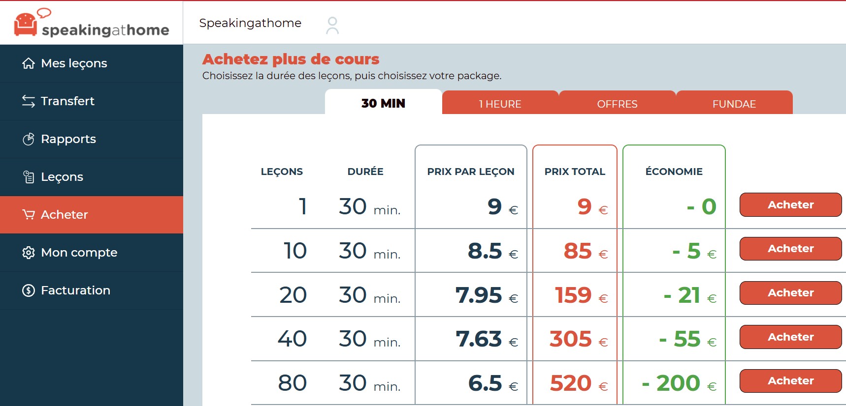 Page d'achat de forfaits de cours sur Speakingathome