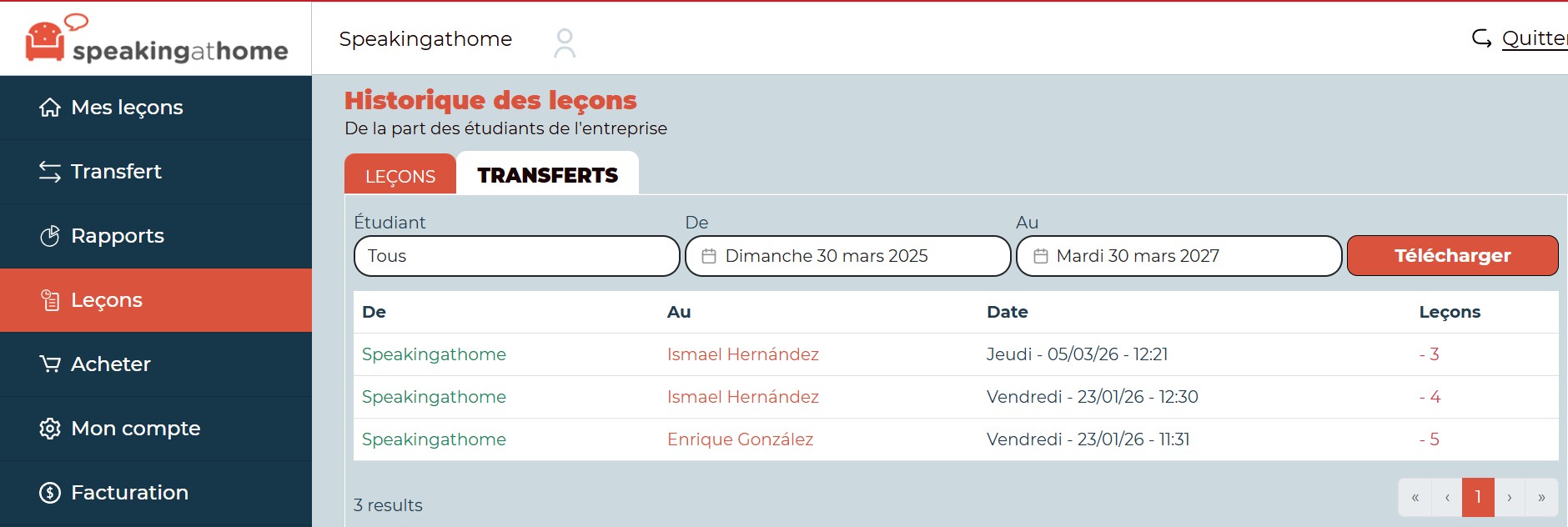 Tableau de l'onglet transfert aux employés