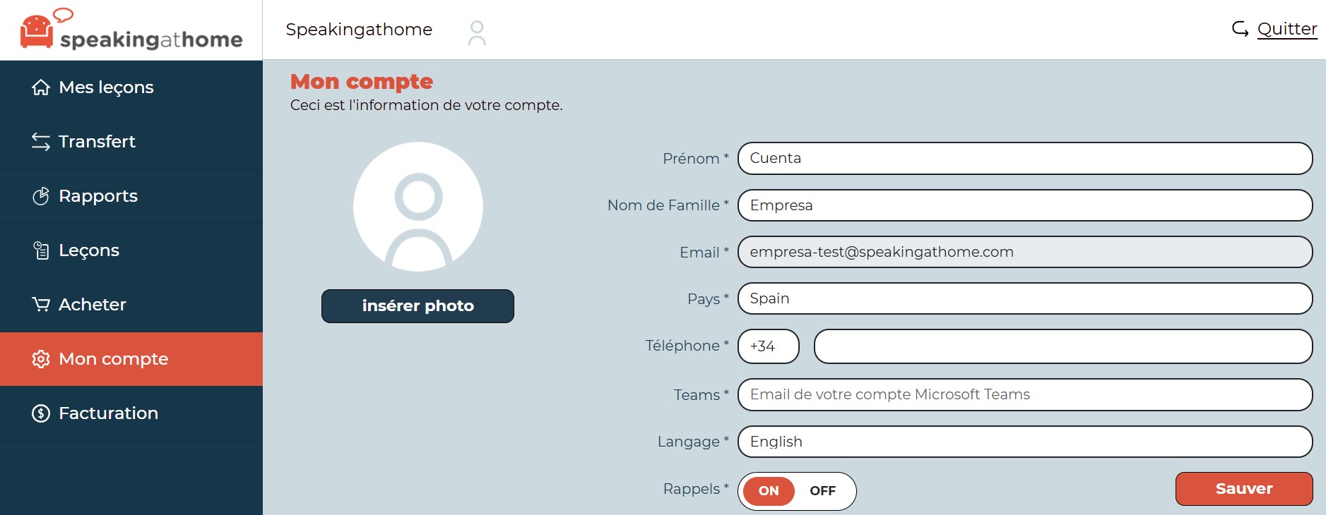 Page Mon compte