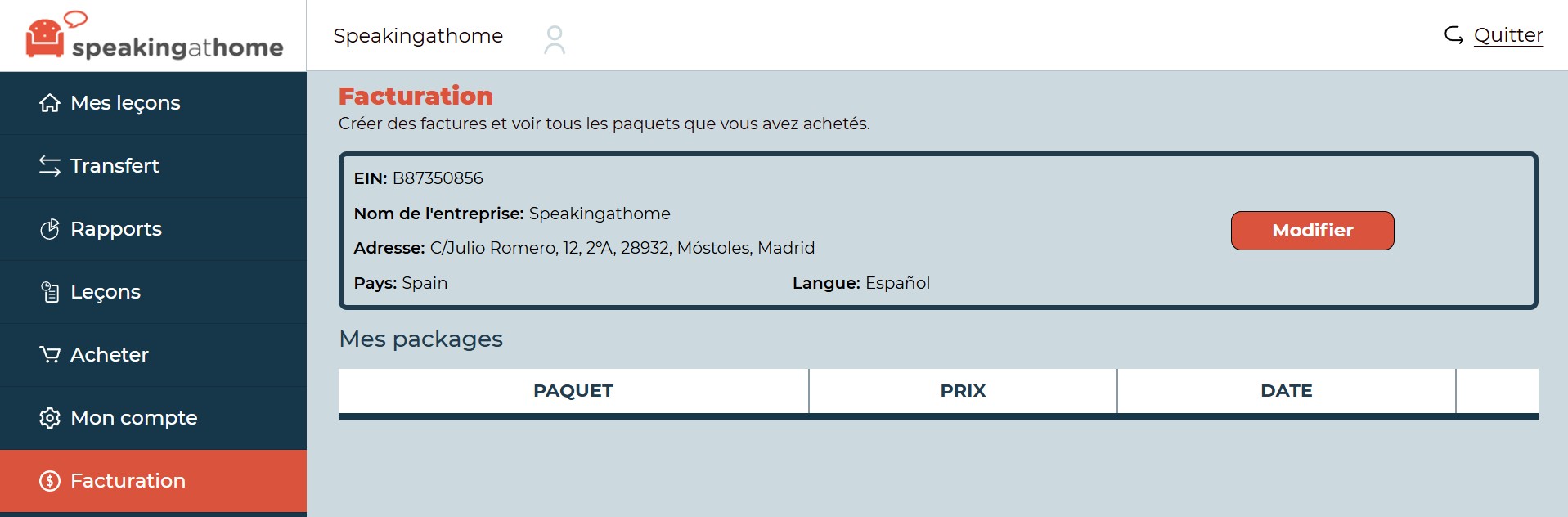 Page de facturation