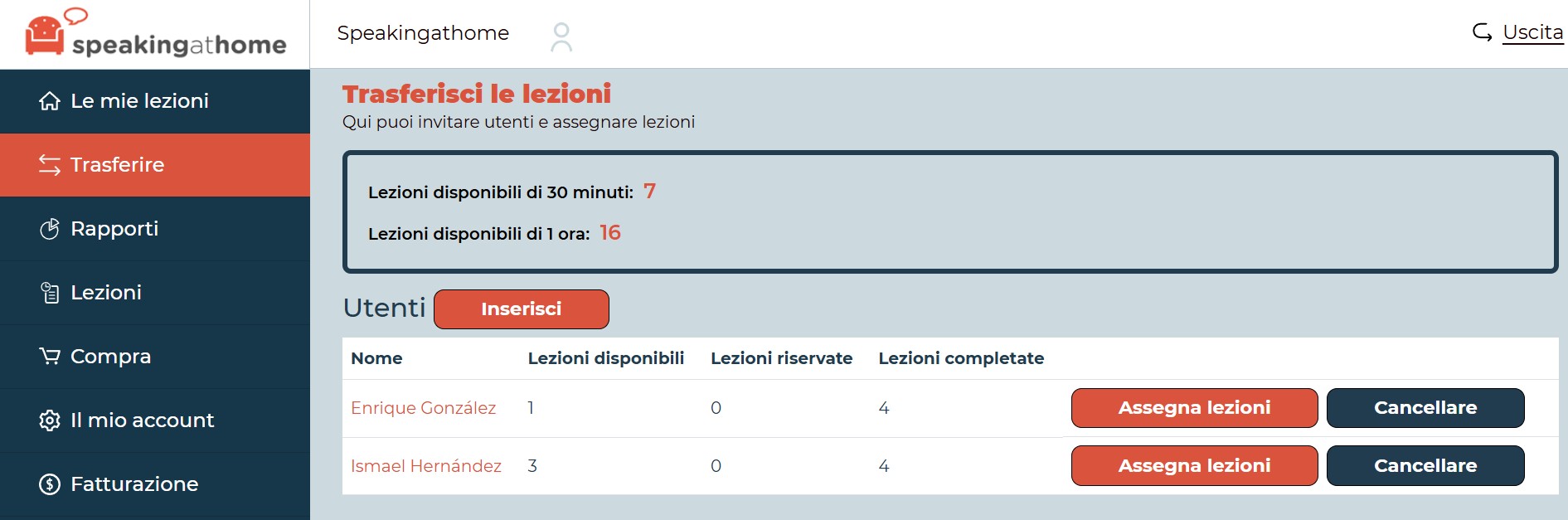 Opzione di Menu: "Trasferimento"