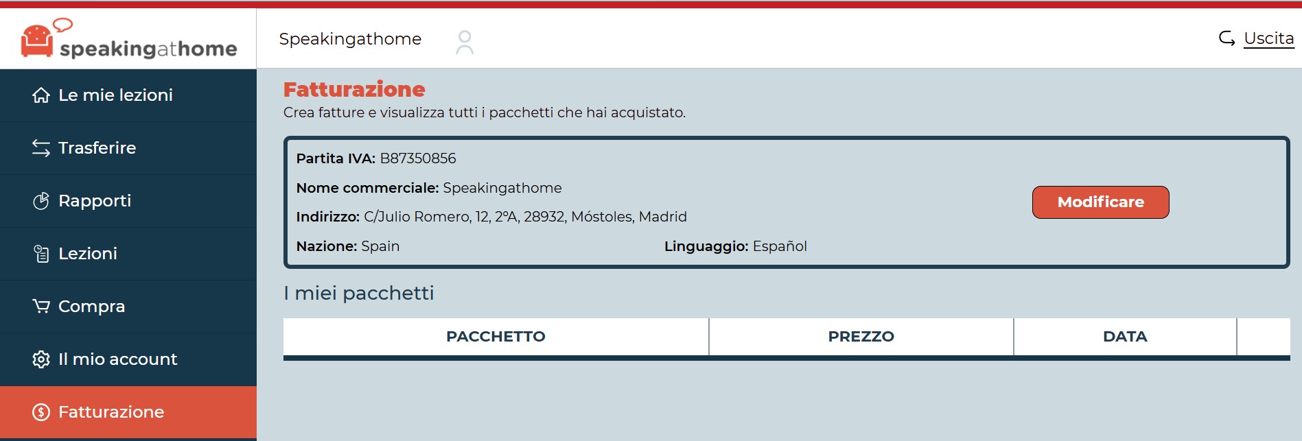 Pagina di Fatturazione