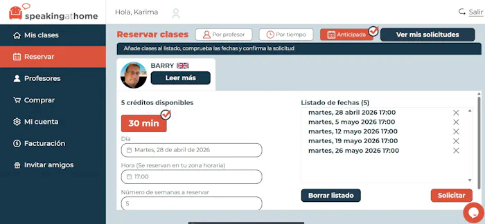 Vista de página de reserva de clases anticipadas de Speakingathome
