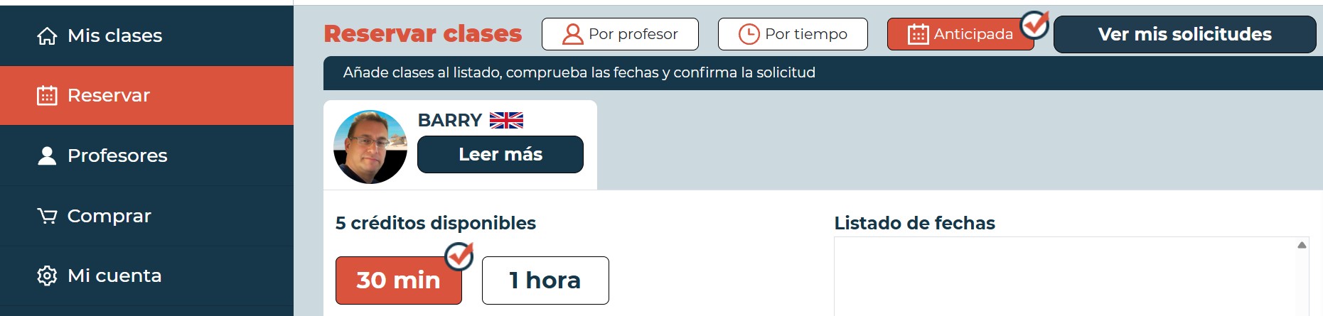 Elige profesor y duración de las clases