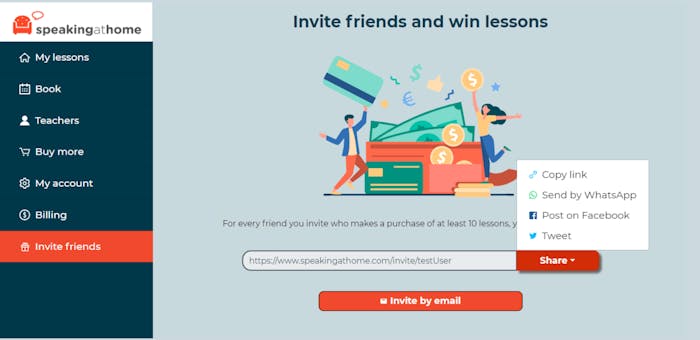 Screen with the functionality to invite friends from Speakingathome