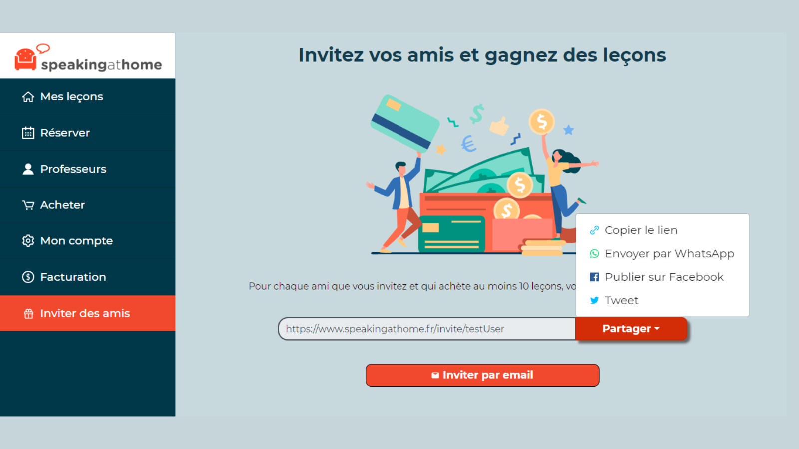 Écran avec la fonctionnalité pour inviter des amis de Speakingathome