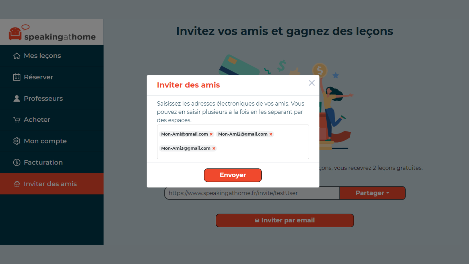 Dialogue pour inviter des amis à Speakingathome par email