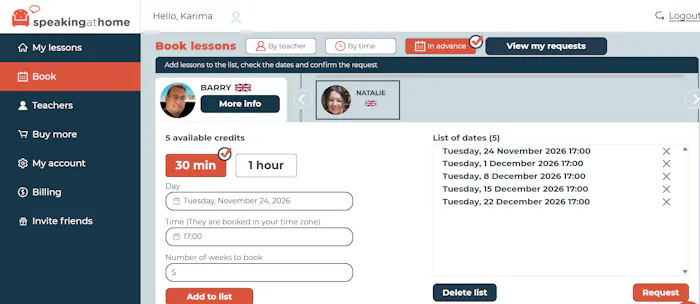 La traducción al inglés es: Advance class booking page view of Speakingathome