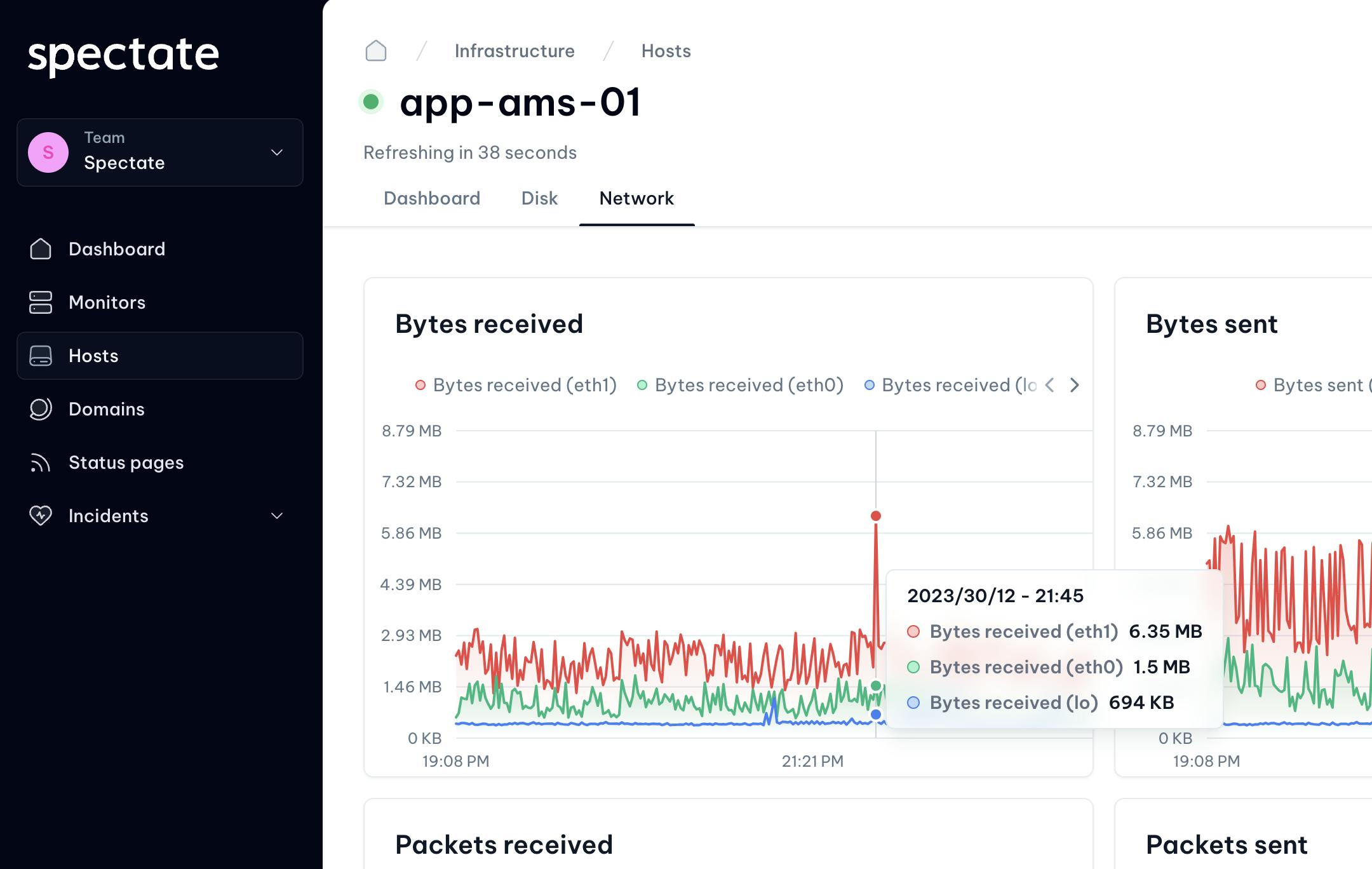 A small screenshot of network metrics of a host in infrastructure monitoring.