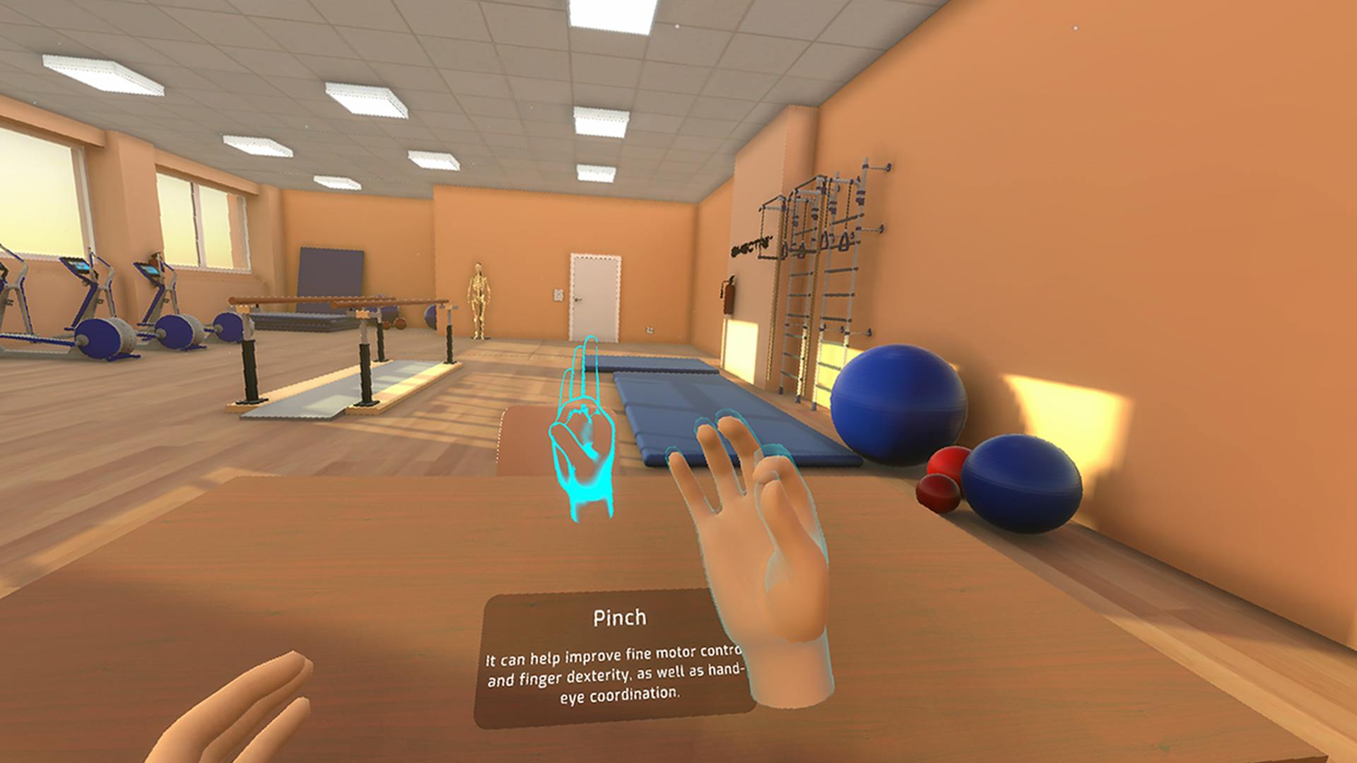 Showcasing the use of virtual reality and hand tracking technology in field of therapy and rehabilitation. Picture taken from Hand Therapy app available on Sidequest platform: 