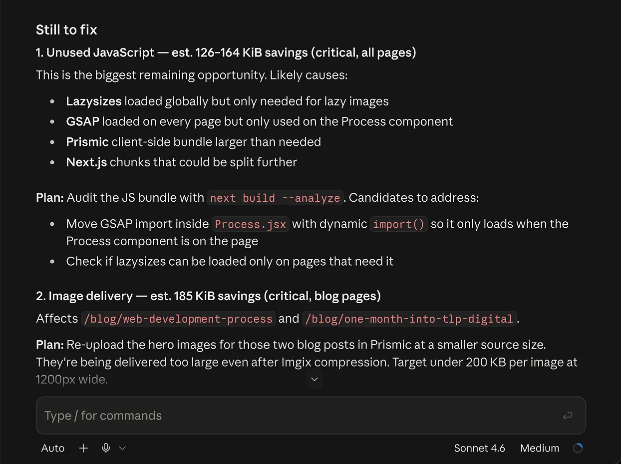 Claude Code with Speedux MCP integration showing audit data and fix suggestions