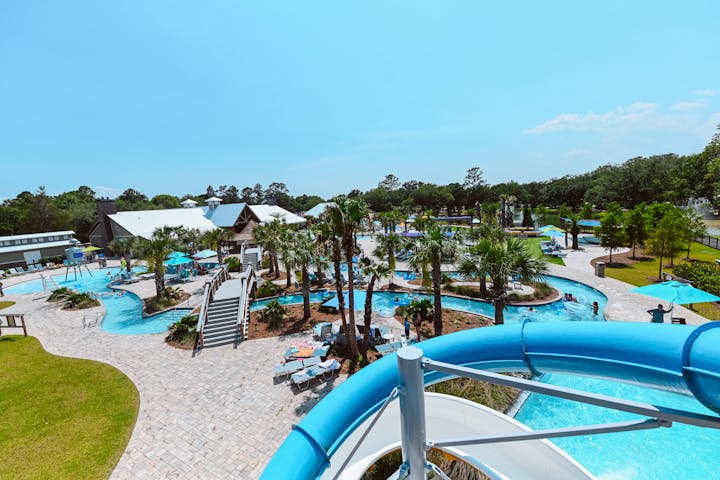 Arial of Lazy River, Pools, and Slides at Splash RV Resort