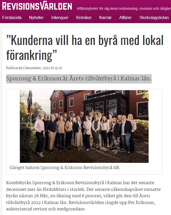 Sporrong & Eriksson är Årets tillväxtbyrå i Kalmar län.