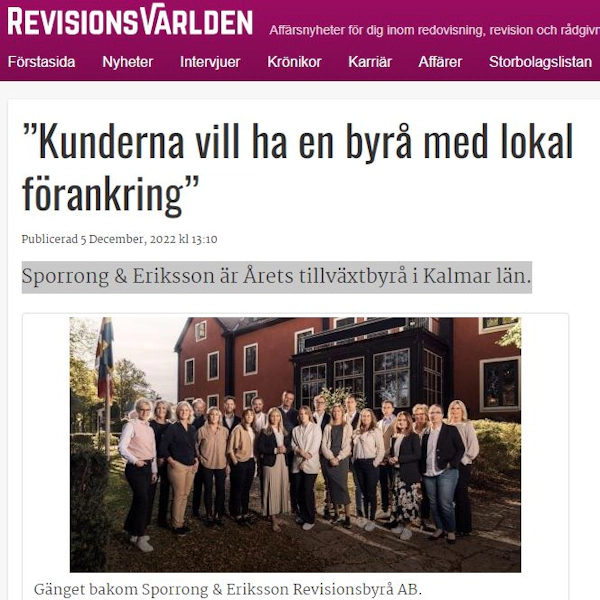 Sporrong & Eriksson är Årets tillväxtbyrå i Kalmar län.