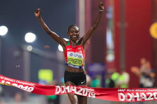 Ruth Chepngetich crossing the finish line