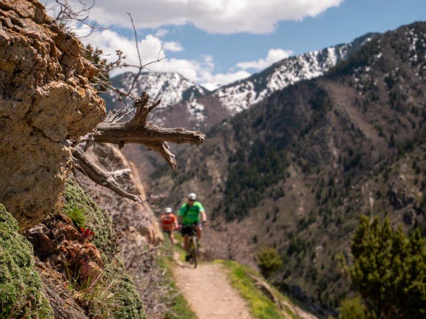 Two men cycling on a mountain path. 