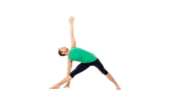 Man doing yoga on white, as a concept of triangle pose
