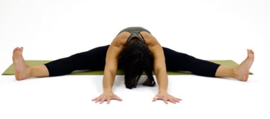 Yoga pose called the wide-angle seated forward bend. used for knee pain