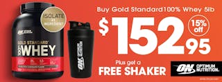 15% OFF Optimum Nutrition Gold Standard 100% Whey 5 & 10lb!