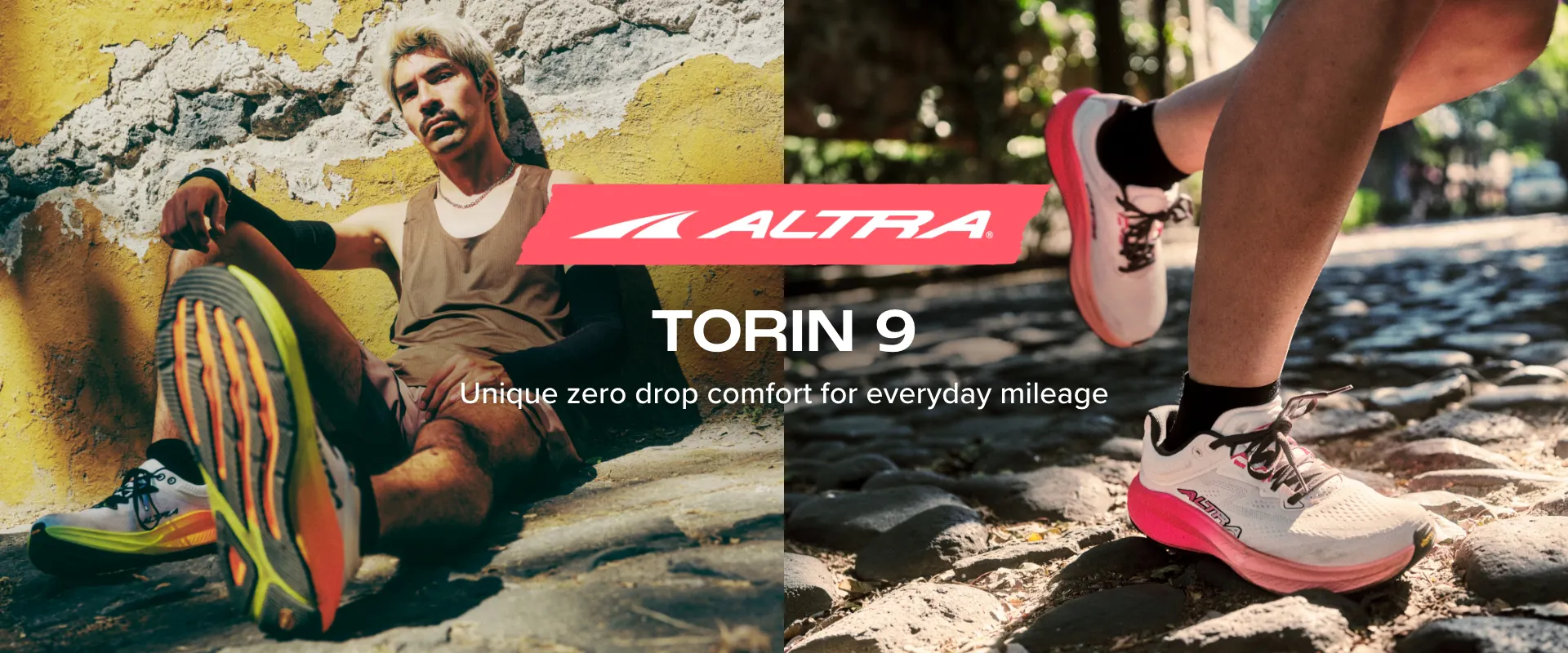 Altra Torin 9 running shoes, featuring runners in an urban cobblestone environment. The graphic highlights the shoe's "unique zero drop comfort for everyday mileage.