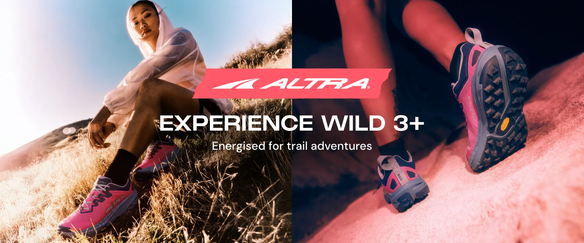 Altra Experience Wild 3+ trail running shoes, featuring a runner relaxing on a grassy hillside and a close-up of the pink footwear navigating rocky terrain. The graphic emphasizes that the shoes are "energised for trail adventures."