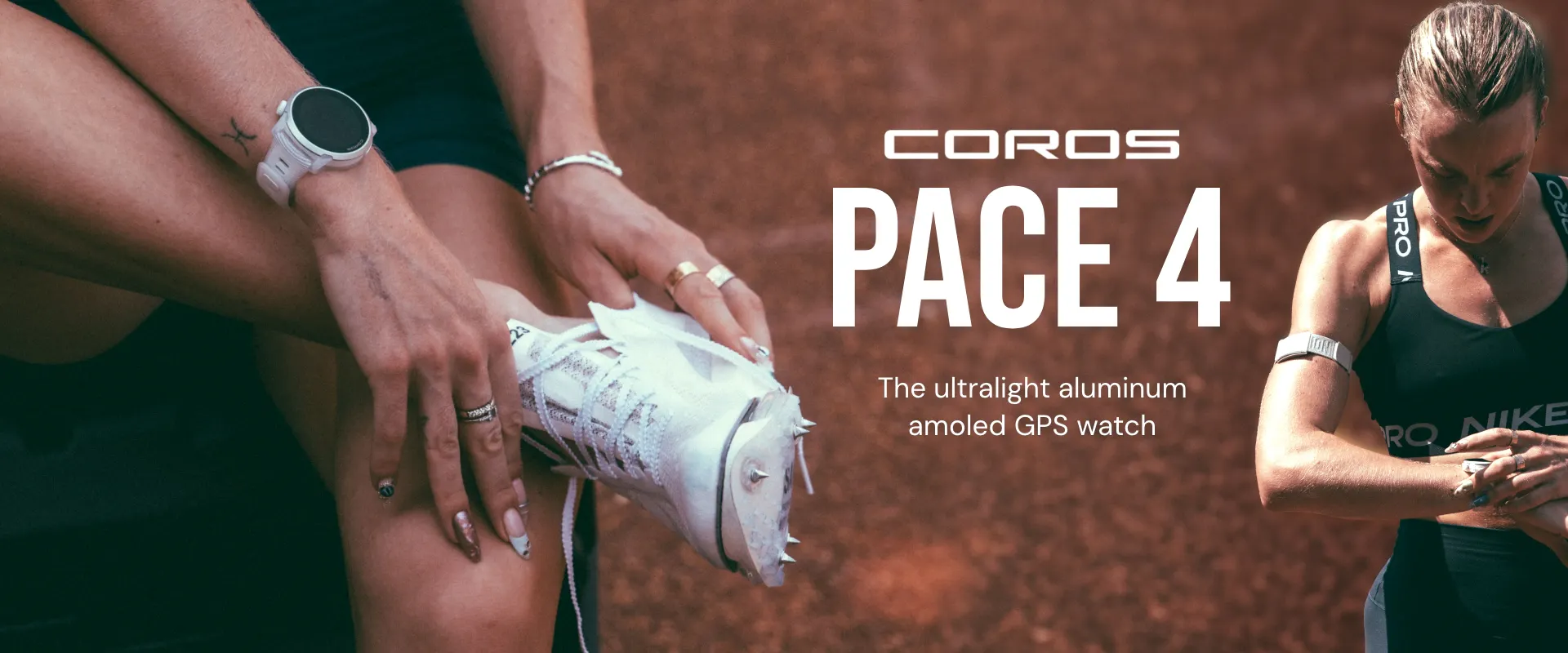 Promotional banner for the COROS PACE 4, showcasing a female track athlete and highlighting the device as "the ultralight aluminum amoled GPS watch."

