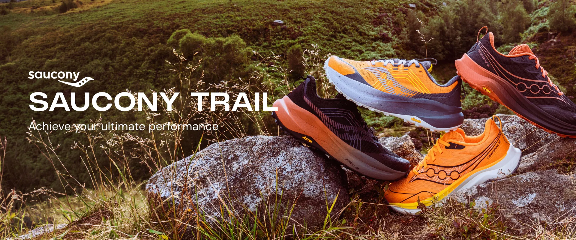 Four vibrant pairs of Saucony Trail running shoes displayed on rugged outdoor terrain. Desktop banner highlighting ultimate off-road performance footwear.
