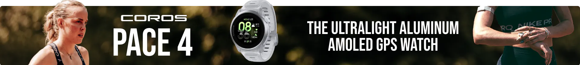 COROS PACE 4: The ultralight aluminum AMOLED GPS watch, featuring a female runner.
