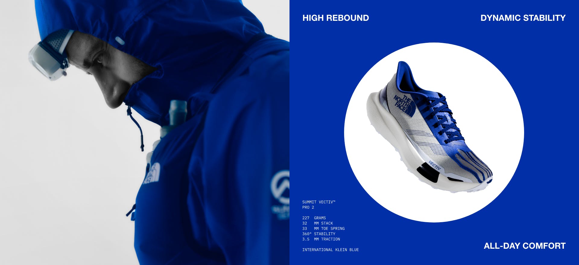 High Rebound, Dynamic Stability, all day comfort. 227 grams, 32mm stack, 33mm toe spring, 360 degree stability, 3.5mm traction, international Klein blue