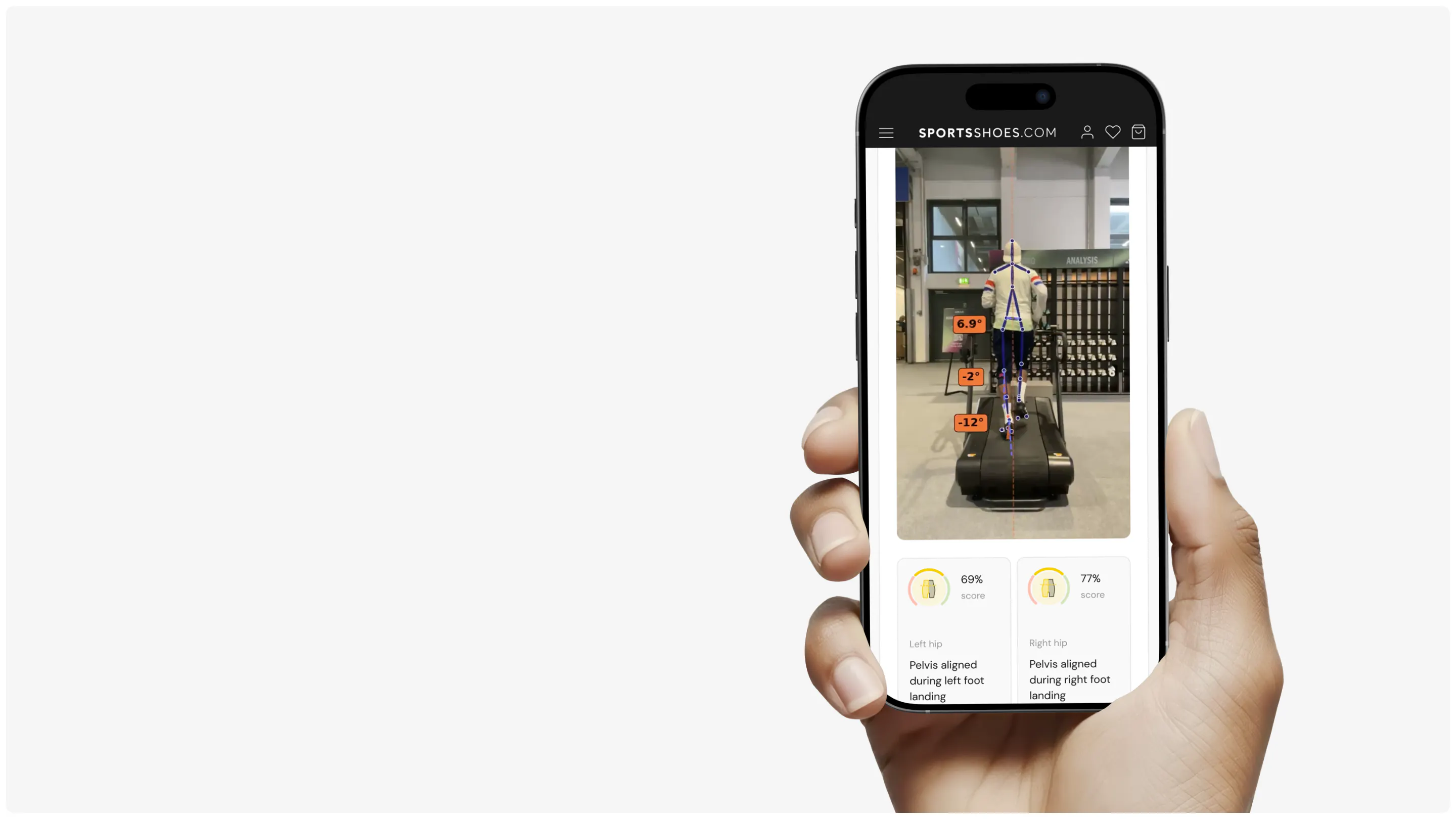Hand holding a phone with Gait Analysis Results on