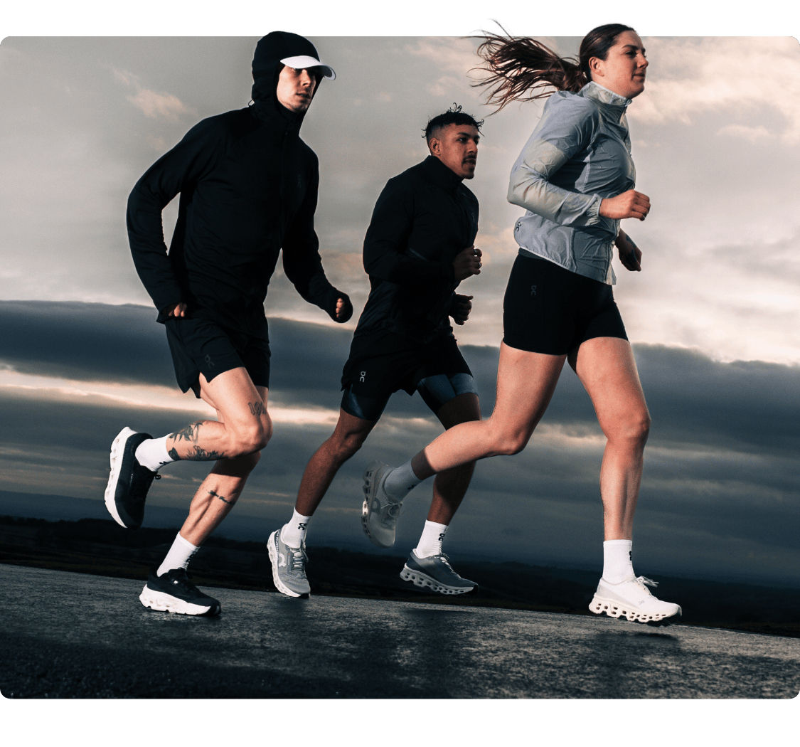 Group of runners in On gear and Cloudmonster Running Shoes