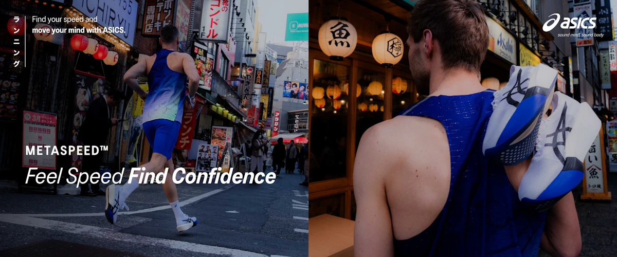 "Feel Speed, Find Confidence"  campaign featuring elite runners Simon Smith and David Gärtlein sprinting through a Tokyo street during the Tokyo Marathon 2026, wearing the ASICS METASPEED Sky Tokyo and Edge Paris racing shoes in blue.