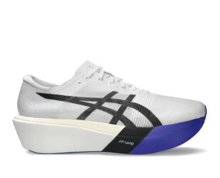 White and blue ASICS METASPEED Sky+ carbon plate racing shoe with FF Leap foam for elite marathon performance.