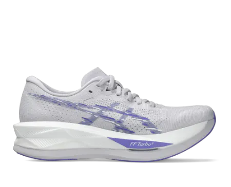 ASICS Sonicblast lightweight performance trainer in light grey and purple with FF Turbo 2 responsive cushioning.