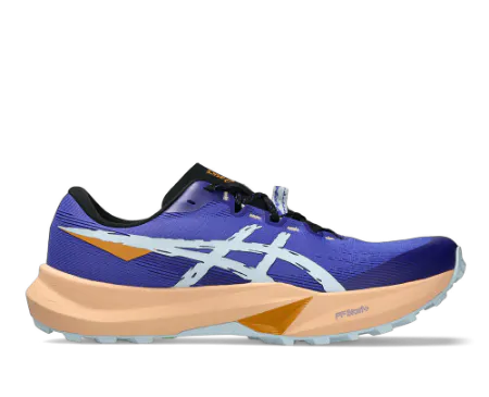 ASICS FUJI LITE trail running shoe in blue and apricot with lugged outsole and FF BLAST cushioning for off-road traction.