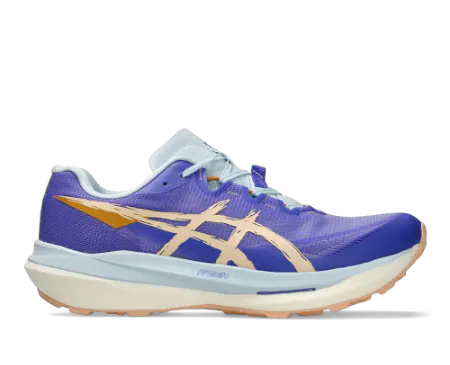 ASICS FUJISPEED lightweight trail racing shoe in purple and light blue with FF BLAST PLUS midsole for fast technical trails.