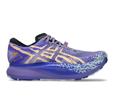 ASICS METAFUJI TRAIL high-performance trail racing shoe in purple and orange, featuring FF Turbo cushioning and a carbon plate for elite off-road speed.