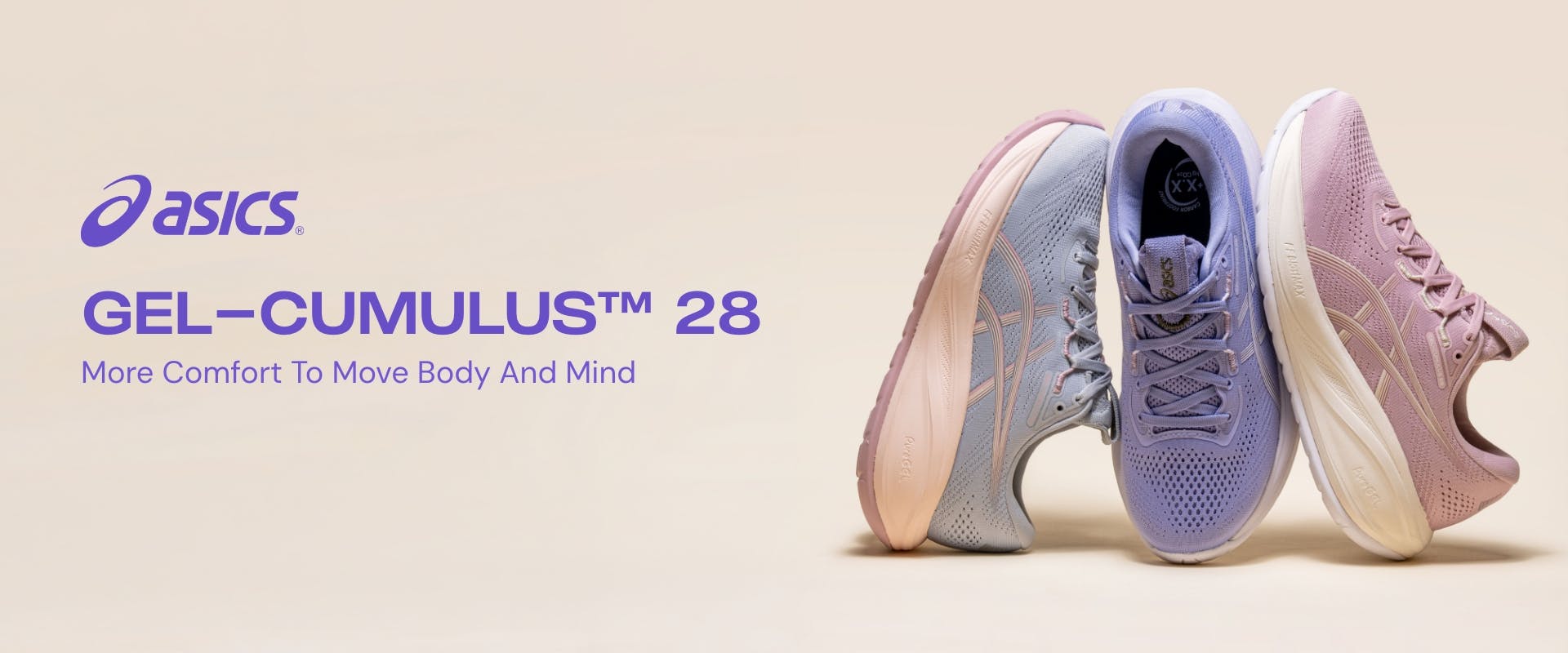 ASICS "More Comfort to Move Your Body and Mind" campaign featuring the GEL-CUMULUS 28; a neutral trainer with an 8mm drop and a breathable engineered mesh upper designed for mental and physical well-being through movement.
