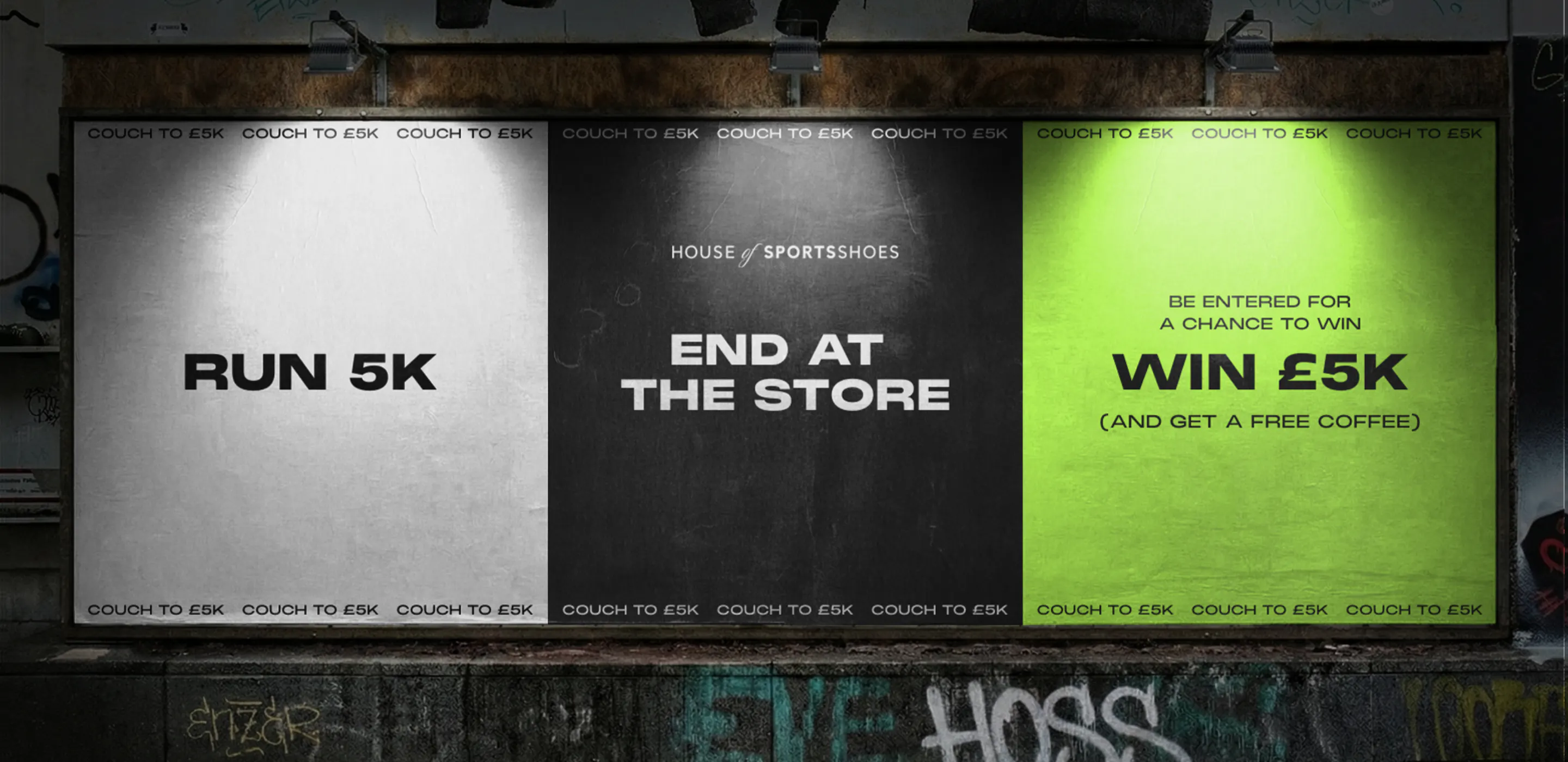 3 Plakatwände mit den Sprüchen: 5km laufen, im Store enden, 5.000 £ gewinnen