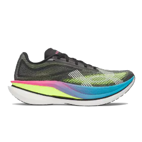 Side view of the Under Armour Velociti Elite 3 marathon racing shoe. Features a lime green and black mesh upper with a multi-colored pink, purple, and teal performance midsole.